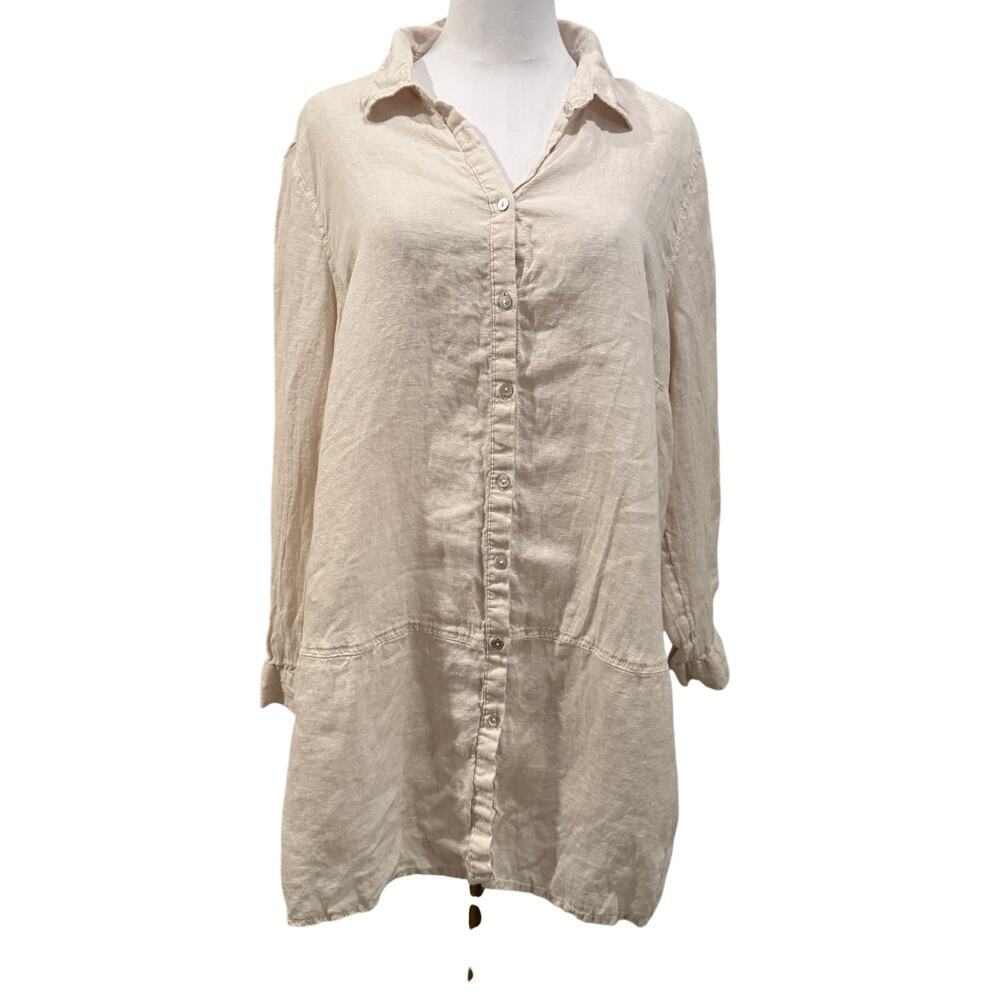 Tahari 100% Linen Button Up Shirt Ivory Long Sleeve 1X Quiet Luxury Coastal Chic